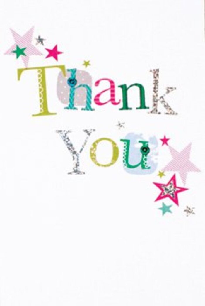 There's a refined exuberance woven through the design of this thank you card-a balanced blend of playfulness and grace familiar to anyone who's admired Lower Clapton's blossoming side streets. Every letter in the phrase exudes personality, from spirited spots and animated curves to elegant forms that flow almost musically across the card. Clusters of vibrant stars-some dazzling with shimmering pink, others bathed in cool turquoise or bright with silvered light-hover near the message, bestowing a little extra joy much like friendly faces encountered on a local stroll past Hackney Downs. The airy, clean composition, anchored by a radiant white background, allows the lively hues and whimsical details to sparkle without overwhelming, striking the perfect note between cheerful and sophisticated. I imagine this card nestling beside a bouquet composed at Flowers Lower Clapton-its joyful character, textural detail, and uplifting mood creating the ideal thank you, whether for a neighbour's kindness, a thoughtful teacher, or a friend nearby. This card doesn't just say thanks; it embodies the open-hearted, artistic community spirit that makes Lower Clapton such a unique part of East London, turning every gesture of gratitude into something memorable and heartfelt.