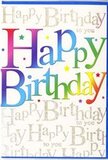 This birthday card offers a pure celebration of colour and script, the kind of modern yet heartfelt design you might spot in a curated display in a Lower Clapton gift shop. Across the front, the words Happy Birthday sweep boldly from side to side in thick, rounded letters that feel approachable and fun. Each letter is infused with a rich gradient that journeys smoothly through the rainbow: starting with deep crimson tones that shift into fuchsia and violet, sliding into sapphire blue, aqua, vibrant green and finally a warm, sunny yellow at the end. The colours blend softly into one another, giving the impression of light washing across the text, much like the changing hues over the Hackney sky at sunset. The letters appear slightly raised, with a subtle, satiny sheen that hints at a tactile finish. Behind this dynamic greeting, the background is filled with countless repetitions of the phrase Happy Birthday to you penned in slim gold cursive, running in tidy horizontal lines from top margin to bottom. The golden script forms a shimmering pattern, catching the light in tiny flecks that look like fine glitter embedded in the ink, elegant rather than overpowering. The repeated words create a sense of continuous, whispered good wishes, gently supporting the big, bold headline in front. There are no extra illustrations-no candles, balloons, or photos-just the interplay of colourful lettering and luminous gold writing. The overall impression is of a card that brings both playful energy and understated sophistication, perfect to accompany a locally delivered bouquet for a friend, neighbour, or family member celebrating their birthday in Lower Clapton.