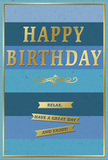 This image features a birthday card whose calm, contemporary design pairs beautifully with the laid-back, artistic feel of Lower Clapton. The surface is divided into wide, horizontal bands that run across the entire width of the card, gradually transitioning from a dark navy at the top through mid-blue and teal into softer, airy blue hues toward the bottom. These carefully balanced stripes create a smooth ombre effect, as if the colours are gently drifting from evening into morning light. In the centre of this cool-toned backdrop, the greeting HAPPY BIRTHDAY is displayed in tall, embossed gold capitals. The foil letters shine with a warm metallic lustre, their edges crisp against the blues, giving the impression of something special and celebratory without being loud. Directly beneath the greeting, a graceful gold flourish stretches horizontally, its loops and curls lending a touch of vintage charm. Below the flourish, three slim gold banners are placed one above the other, each one slightly raised and reflective. On these banners, the simple, kind words Relax, have a great day and enjoy! are spaced out, offering an easy, reassuring message. A very fine gold line traces the border of the card, enclosing the design like a subtle frame. The combination of velvety matte blues and smooth, shining gold foiling makes the card look both tactile and elegant. Imagined alongside a bouquet of fresh birthday flowers delivered around Lower Clapton, this card would bring a sense of composed joy, turning a simple birthday message into a quietly memorable keepsake.